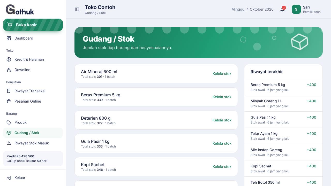 Contoh tampilan halaman Gudang dan stok